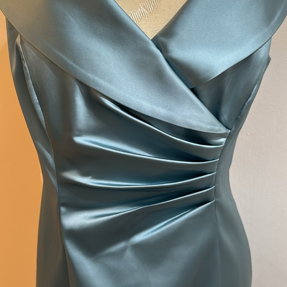 Silk Misty Blue Portrait Collar Ruched Sleeveless Tea Length Dress 10 - Picture 2 of 14